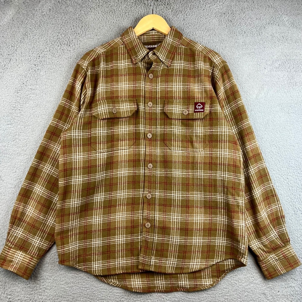 Wolverine Mens Plaid Flannel Button Down Shirt Olive Green Brown Size M